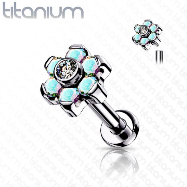 Intern geschroefde labret piercing van titanium met bloemetje met CZ stenen - Afbeelding 5