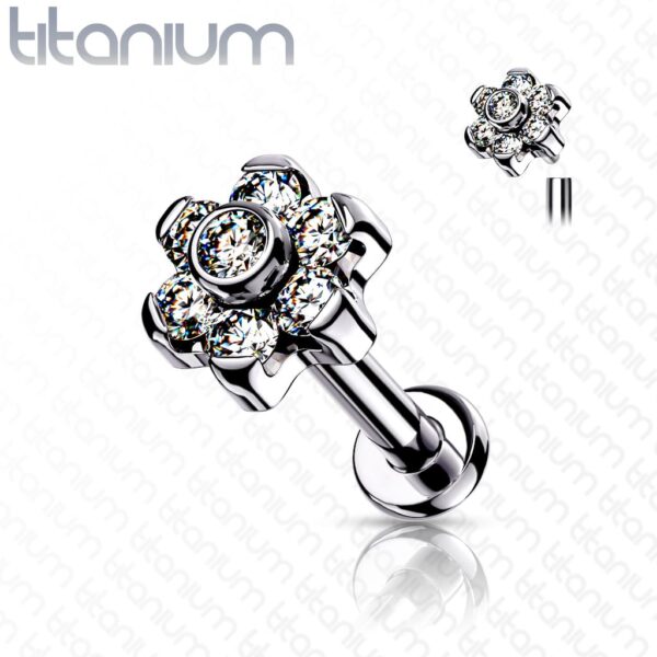 Intern geschroefde labret piercing van titanium met bloemetje met CZ stenen - Afbeelding 6