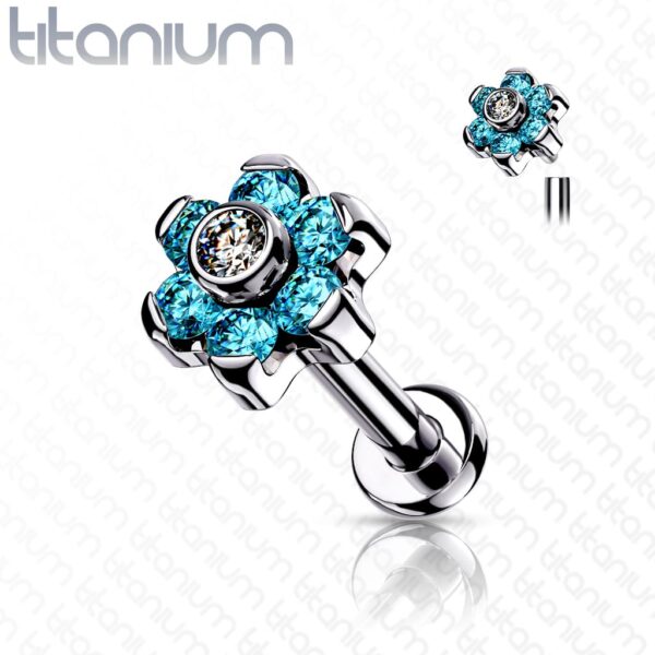 Intern geschroefde labret piercing van titanium met bloemetje met CZ stenen - Afbeelding 8