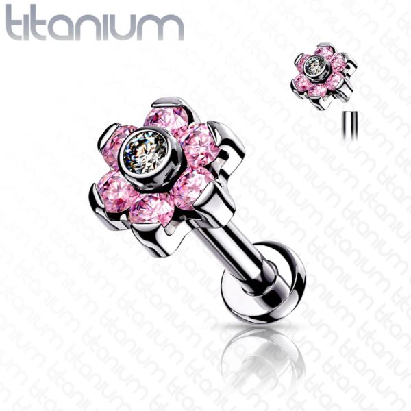Intern geschroefde labret piercing van titanium met bloemetje met CZ stenen - Afbeelding 11