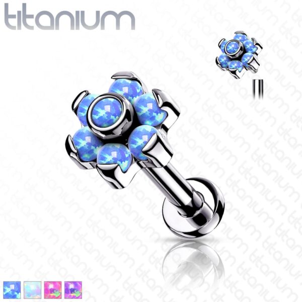 Intern geschroefde labret piercing van titanium met bloemetje met opaal stenen