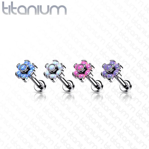 Intern geschroefde labret piercing van titanium met bloemetje met opaal stenen - Afbeelding 2