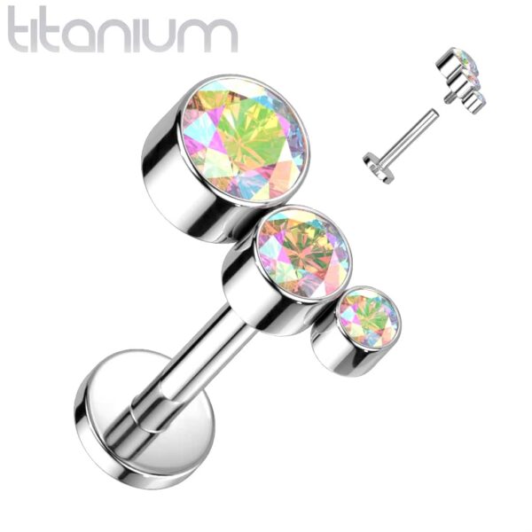 Intern geschroefde labret piercing met 3 ronde heldere CZ stenen - Afbeelding 3
