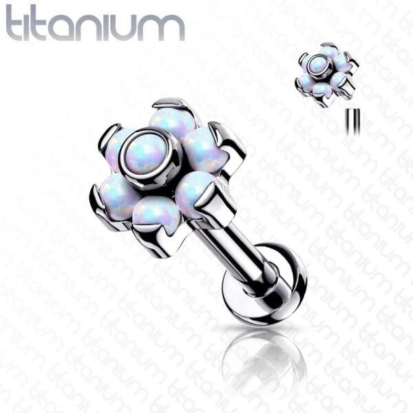 Intern geschroefde labret piercing van titanium met bloemetje met opaal stenen - Afbeelding 6