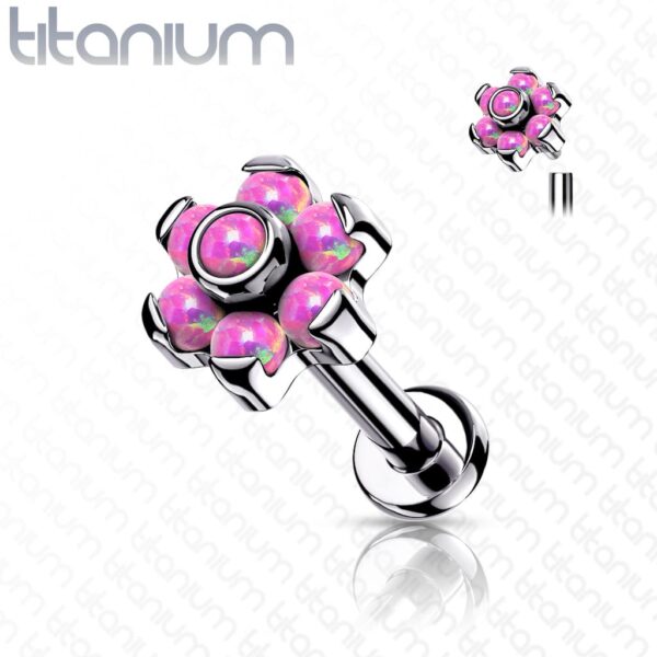 Intern geschroefde labret piercing van titanium met bloemetje met opaal stenen - Afbeelding 7