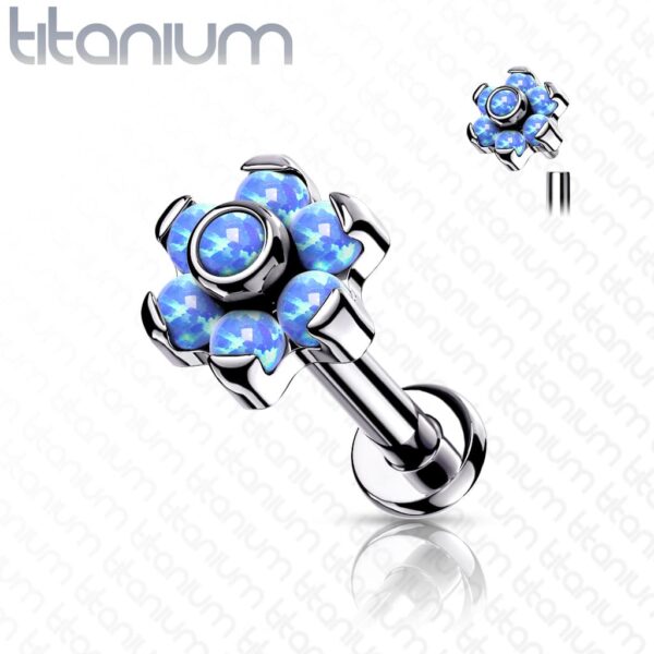 Intern geschroefde labret piercing van titanium met bloemetje met opaal stenen - Afbeelding 9