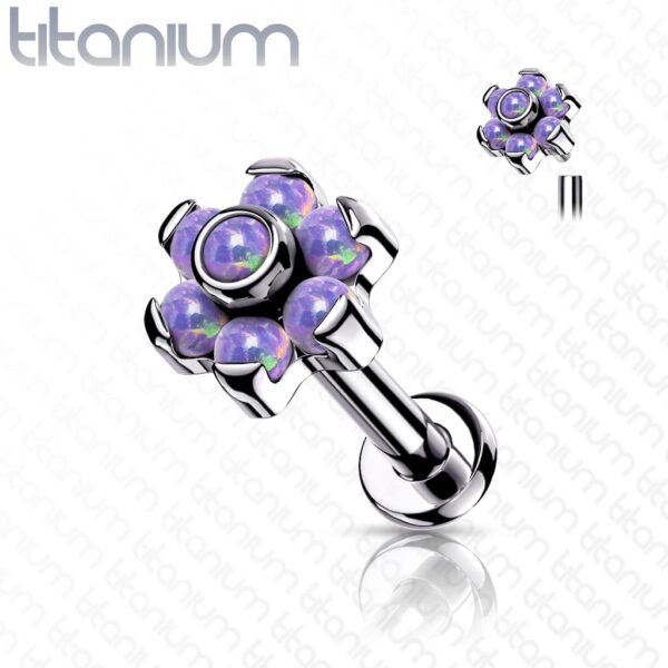 Intern geschroefde labret piercing van titanium met bloemetje met opaal stenen - Afbeelding 12