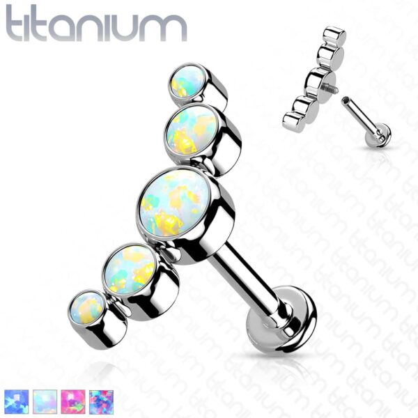 Intern geschroefde labret piercing van titanium met 5 ronde opaal stenen
