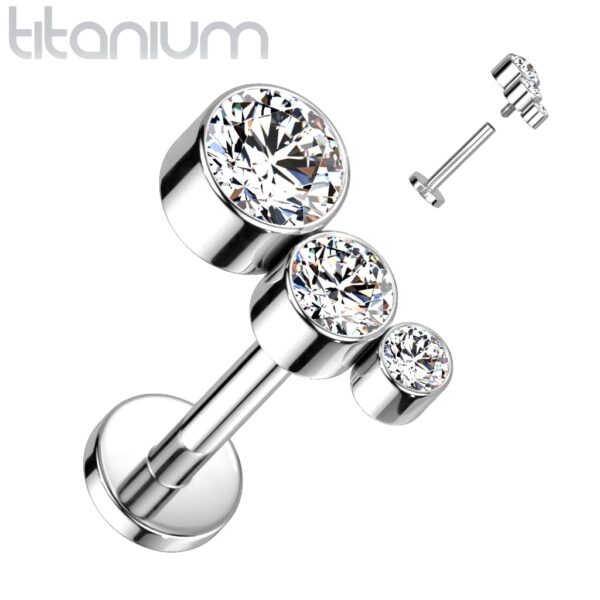 Intern geschroefde labret piercing met 3 ronde heldere CZ stenen - Afbeelding 4