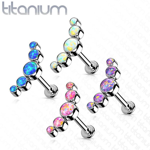 Intern geschroefde labret piercing van titanium met 5 ronde opaal stenen - Afbeelding 2