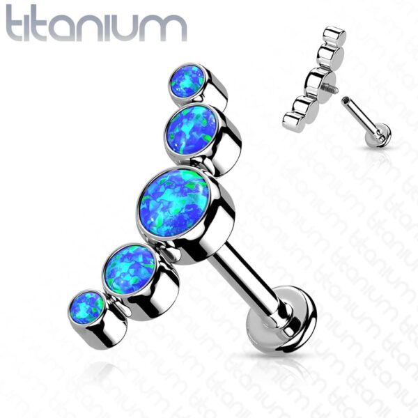 Intern geschroefde labret piercing van titanium met 5 ronde opaal stenen - Afbeelding 4