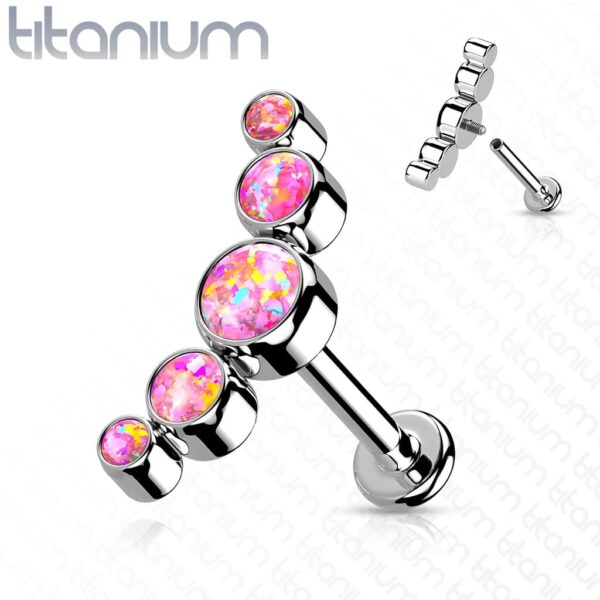 Intern geschroefde labret piercing van titanium met 5 ronde opaal stenen - Afbeelding 6