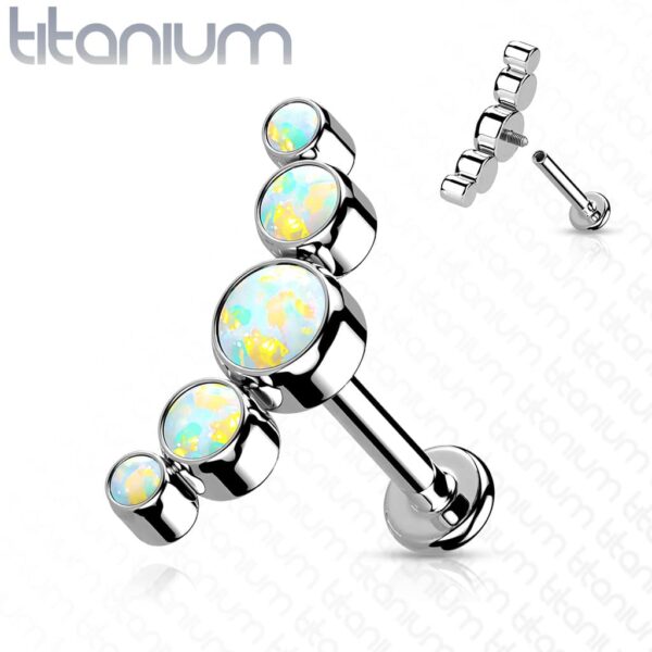 Intern geschroefde labret piercing van titanium met 5 ronde opaal stenen - Afbeelding 9
