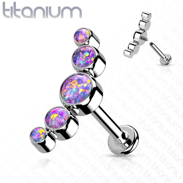 Intern geschroefde labret piercing van titanium met 5 ronde opaal stenen - Afbeelding 10