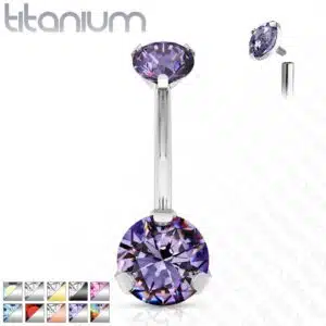 Titanium navelpiercing intern geschroefd met dubbel CZ prong-set