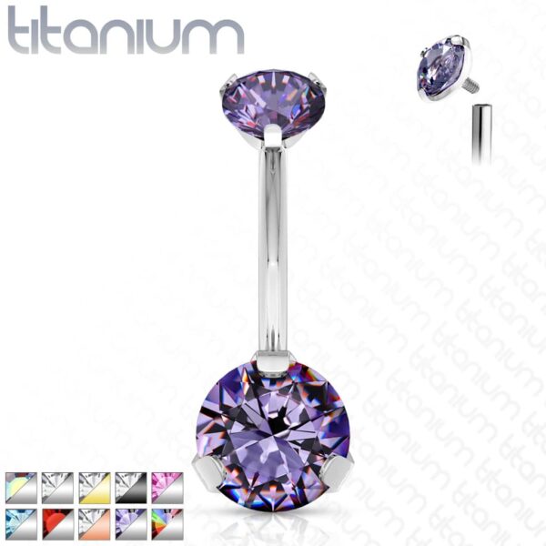 Titanium navelpiercing intern geschroefd met dubbel CZ prong-set