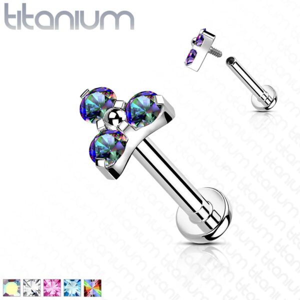 Intern geschroefde labret piercing van titanium met 3 heldere CZ steentjes