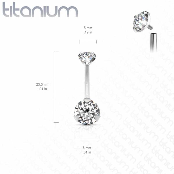 Titanium navelpiercing intern geschroefd met dubbel CZ prong-set - Afbeelding 2