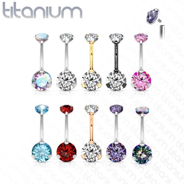 Titanium navelpiercing intern geschroefd met dubbel CZ prong-set - Afbeelding 3