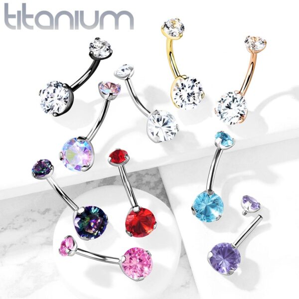 Titanium navelpiercing intern geschroefd met dubbel CZ prong-set - Afbeelding 5