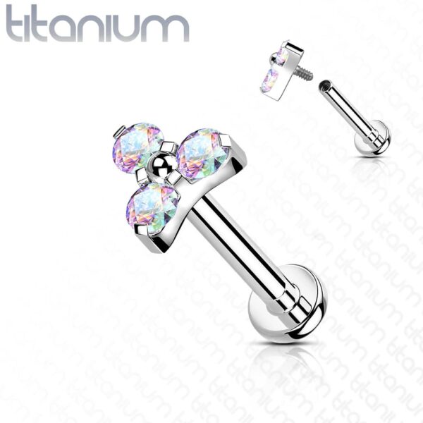 Intern geschroefde labret piercing van titanium met 3 heldere CZ steentjes - Afbeelding 5