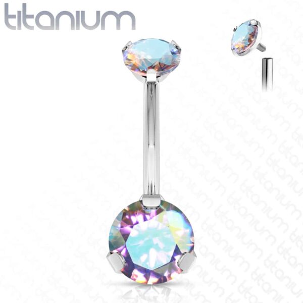 Titanium navelpiercing intern geschroefd met dubbel CZ prong-set - Afbeelding 6