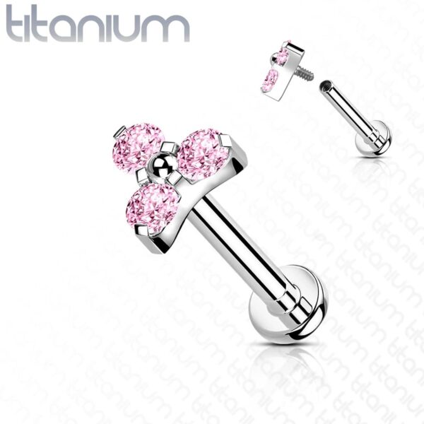 Intern geschroefde labret piercing van titanium met 3 heldere CZ steentjes - Afbeelding 6