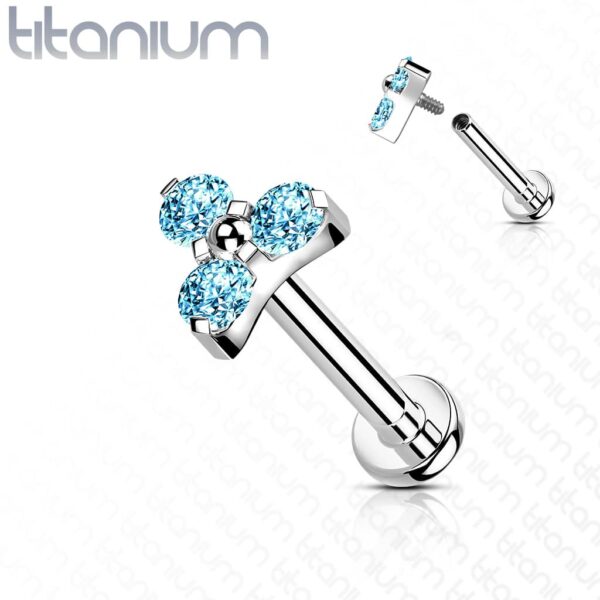 Intern geschroefde labret piercing van titanium met 3 heldere CZ steentjes - Afbeelding 7