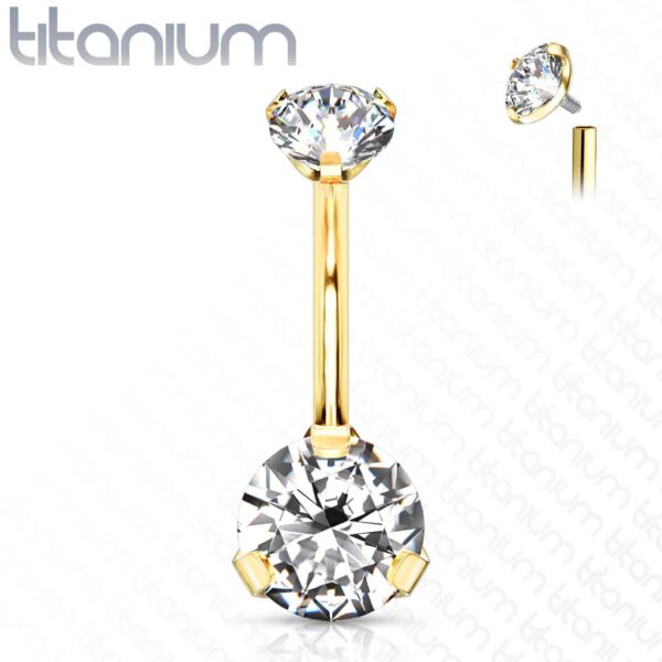 Titanium navelpiercing intern geschroefd met dubbel CZ prong-set - Afbeelding 8