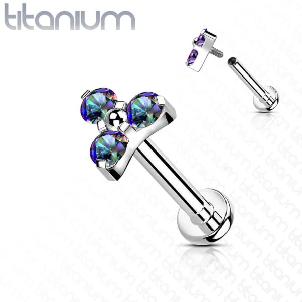 Intern geschroefde labret piercing van titanium met 3 heldere CZ steentjes - Afbeelding 8