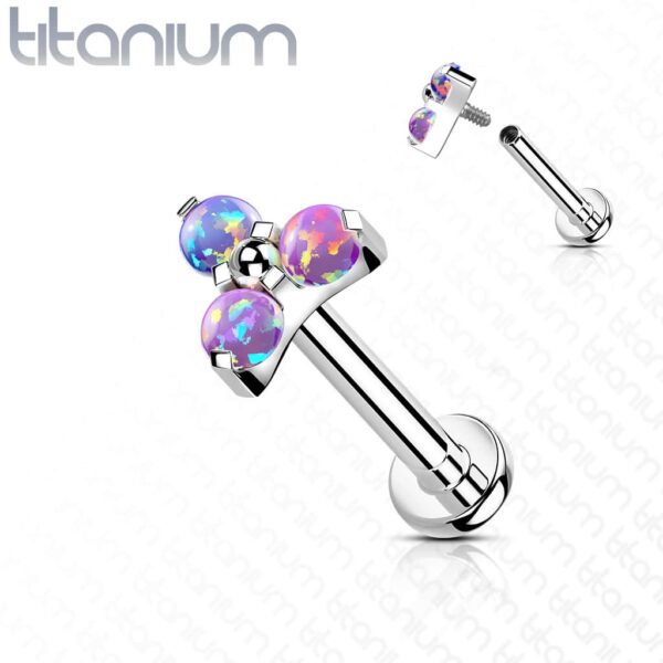 Intern geschroefde labret piercing van titanium met 3 paarse opaal steentjes