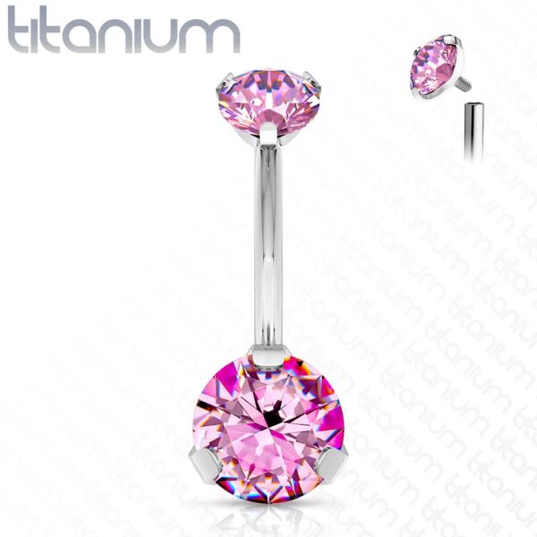 Titanium navelpiercing intern geschroefd met dubbel CZ prong-set - Afbeelding 10