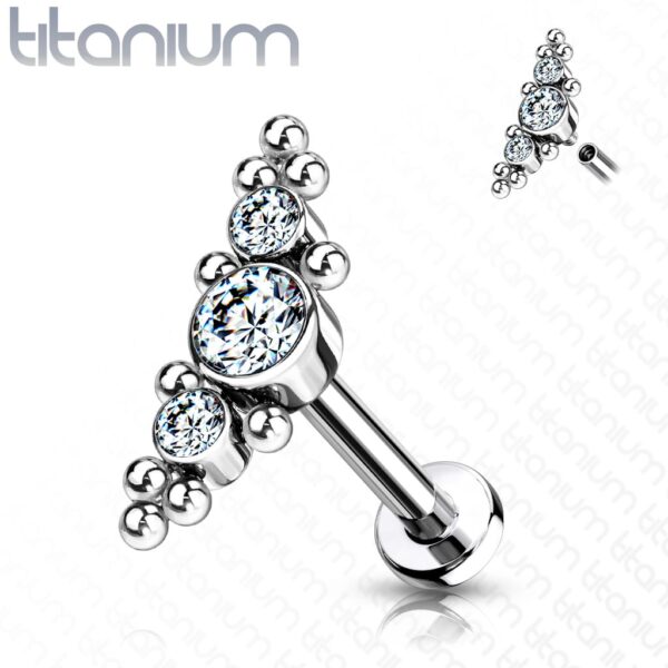 Intern geschroefde labret piercing van titanium met 3 cz steentjes en balletjes