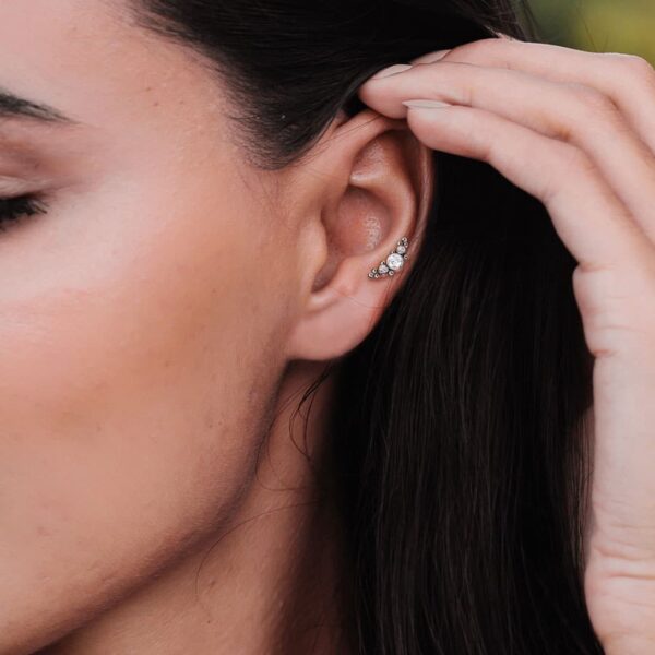 Intern geschroefde labret piercing van titanium met 3 cz steentjes en balletjes - Afbeelding 3
