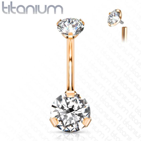Titanium navelpiercing intern geschroefd met dubbel CZ prong-set - Afbeelding 13