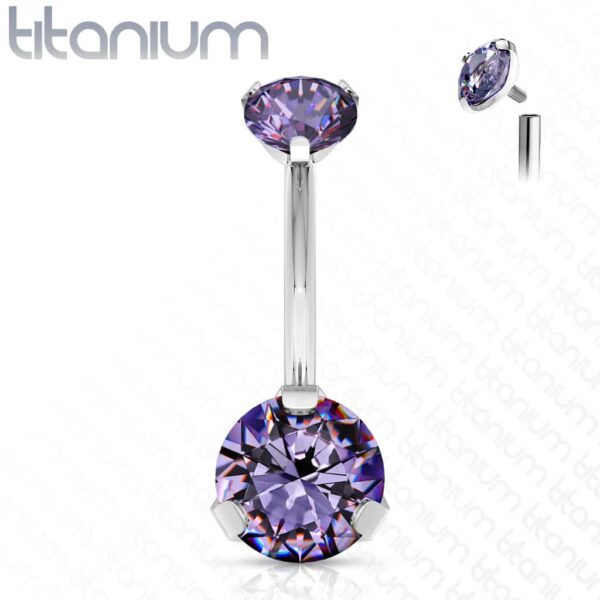 Titanium navelpiercing intern geschroefd met dubbel CZ prong-set - Afbeelding 14