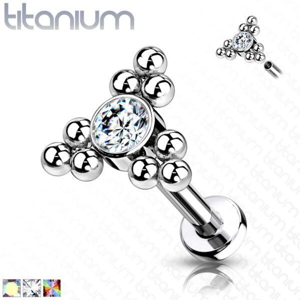 Intern geschroefde labret piercing van titanium met heldere cz steen en balletjes