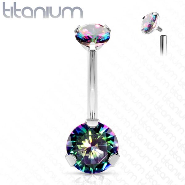 Titanium navelpiercing intern geschroefd met dubbel CZ prong-set - Afbeelding 15