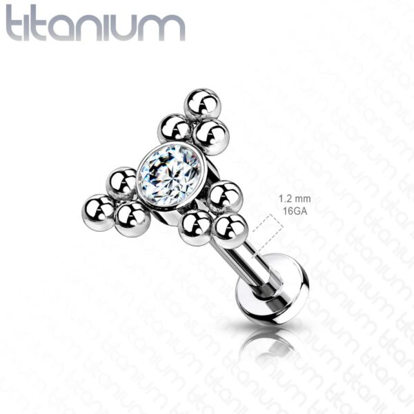 Intern geschroefde labret piercing van titanium met heldere cz steen en balletjes - Afbeelding 2