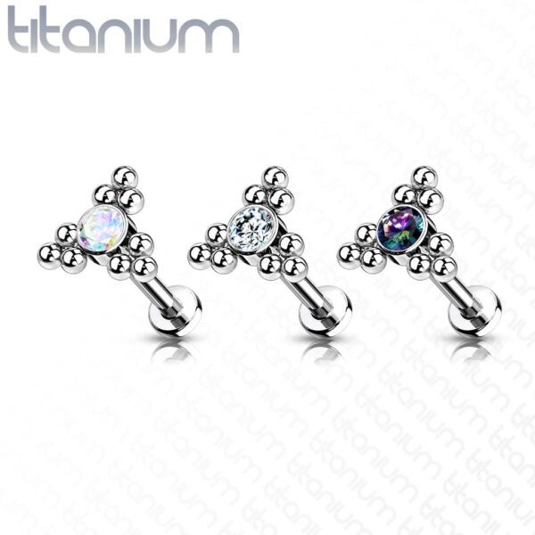 Intern geschroefde labret piercing van titanium met heldere cz steen en balletjes - Afbeelding 3