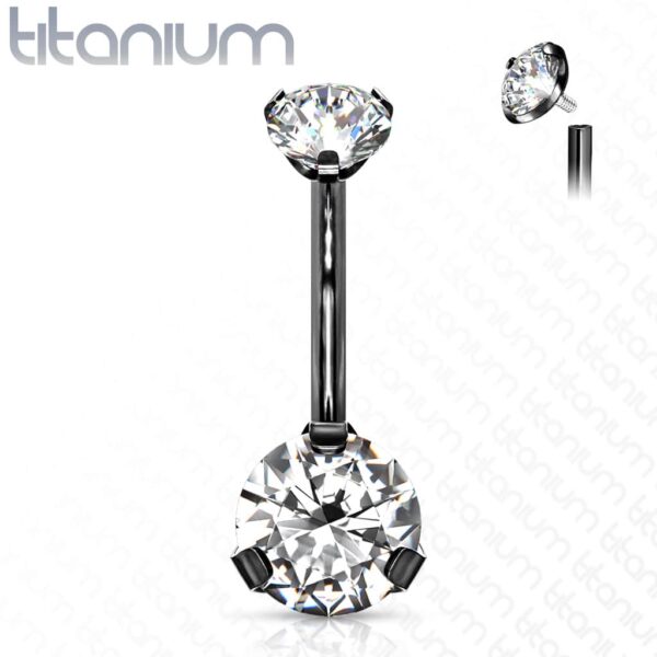 Titanium navelpiercing intern geschroefd met dubbel CZ prong-set - Afbeelding 18