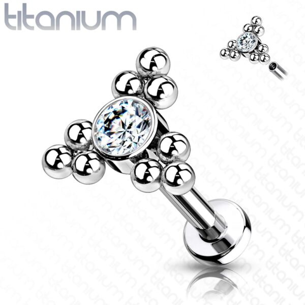 Intern geschroefde labret piercing van titanium met heldere cz steen en balletjes - Afbeelding 7
