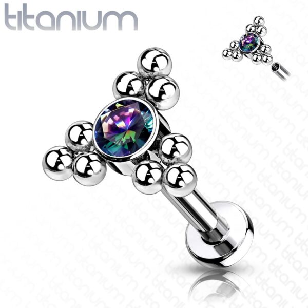 Intern geschroefde labret piercing van titanium met heldere cz steen en balletjes - Afbeelding 8