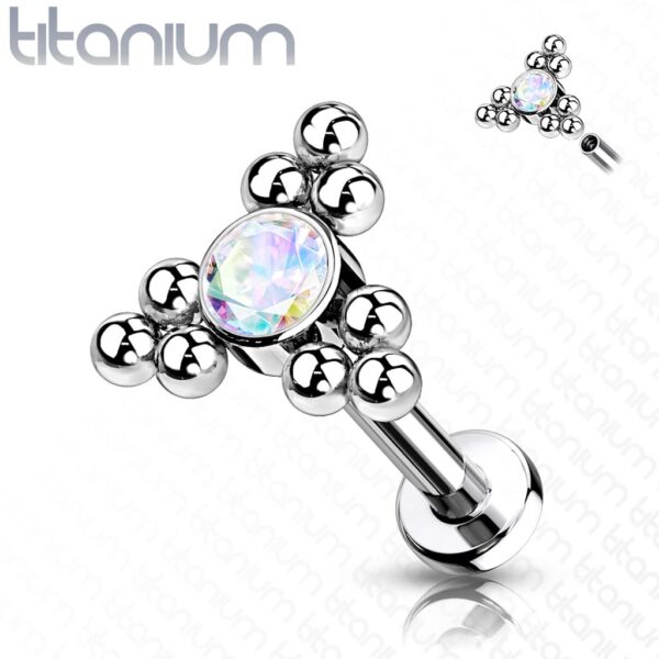 Intern geschroefde labret piercing van titanium met heldere cz steen en balletjes - Afbeelding 9