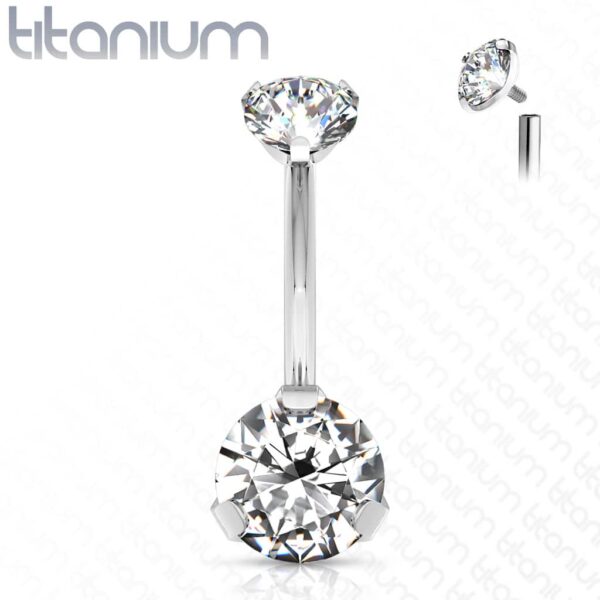 Titanium navelpiercing intern geschroefd met dubbel CZ prong-set - Afbeelding 32