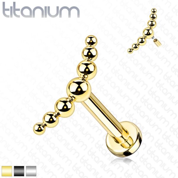 Intern geschroefde labret piercing van titanium met 3 balletjes in boog