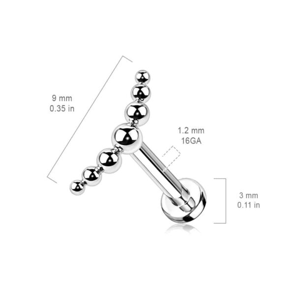 Intern geschroefde labret piercing van titanium met 3 balletjes in boog - Afbeelding 2