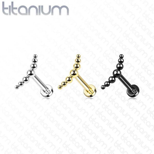 Intern geschroefde labret piercing van titanium met 3 balletjes in boog - Afbeelding 3