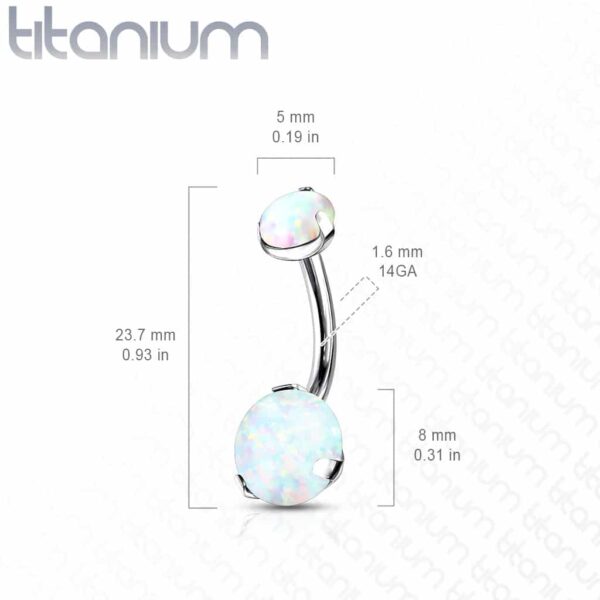 Titanium navelpiercing intern geschroefd met dubbel opaal prong-set - Afbeelding 2