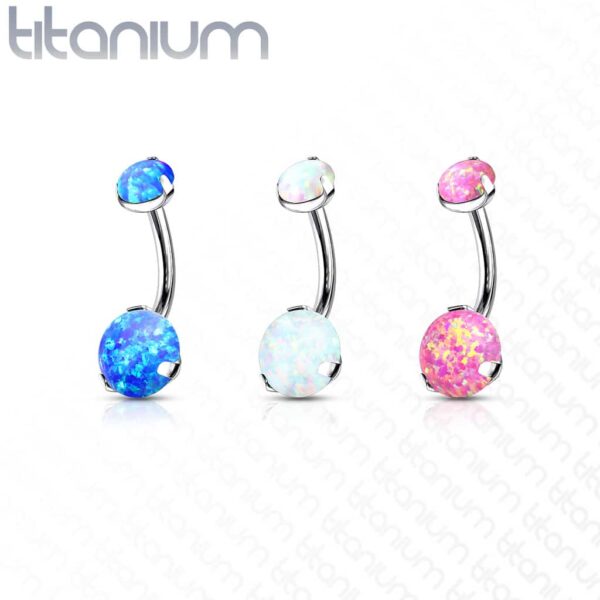 Titanium navelpiercing intern geschroefd met dubbel opaal prong-set - Afbeelding 3